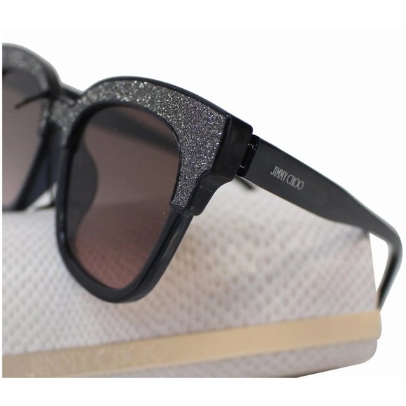 BNWT Jimmy Choo MAYEL/S VE 018R Clubmaster Black Glittery Sunglasses Brown Lens - Picture 4 of 6